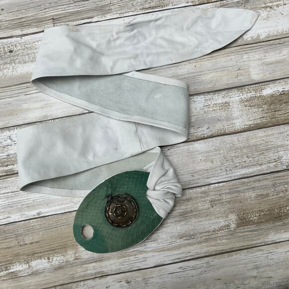 Handmade Leather Belt OOAK Tie Wrap 39” White Green Reptile Earthy Boho Western - Picture 8 of 12